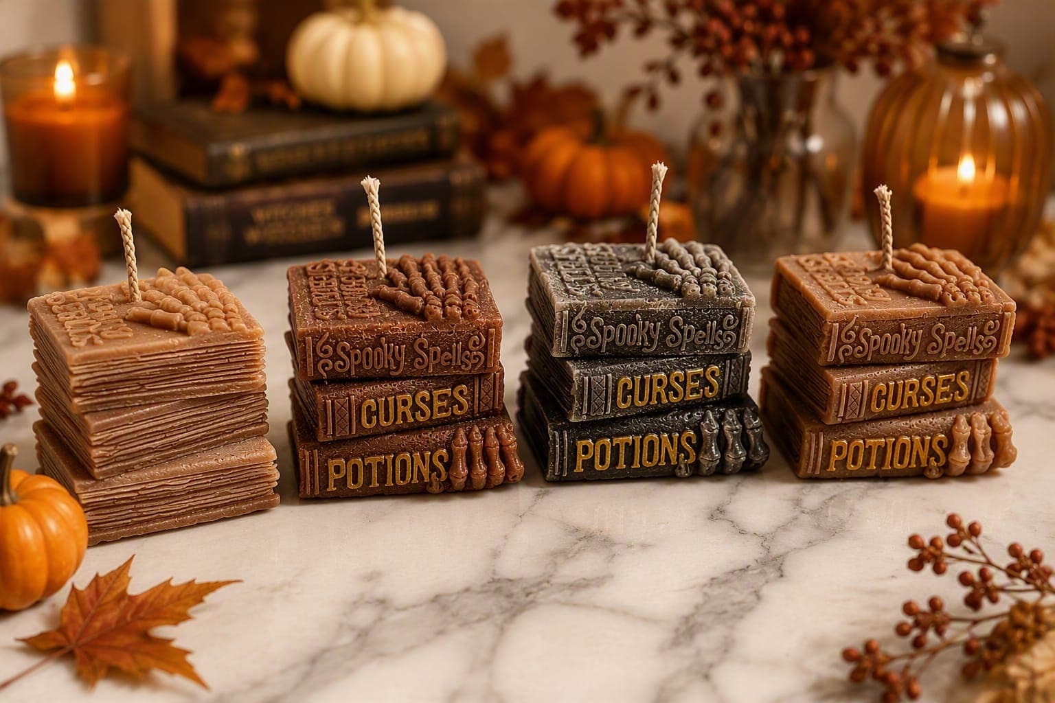 Four Spooky Books candle stacks — Spooky Spells, Curses and Potions — with skeletal hands over the top, among pumpkins and autumn leaves
